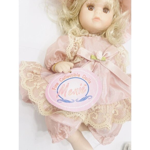 Menie Porcelain Doll 8” Blonde Brown Eyes Satin Pink Dress Lace Hat Dusty Rose - Picture 6 of 8